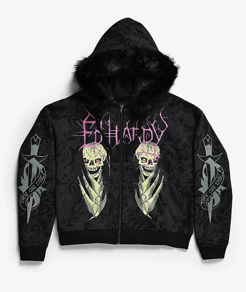 Ed Hardy Bat Skull Faux Fur Black Zip Hoodie
