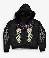 Ed Hardy Bat Skull Faux Fur Black Zip Hoodie