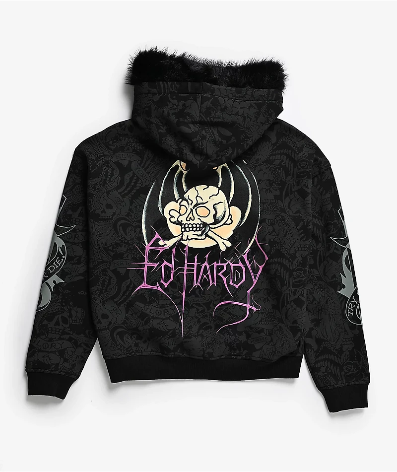 Ed Hardy Bat Skull Faux Fur Black Zip Hoodie