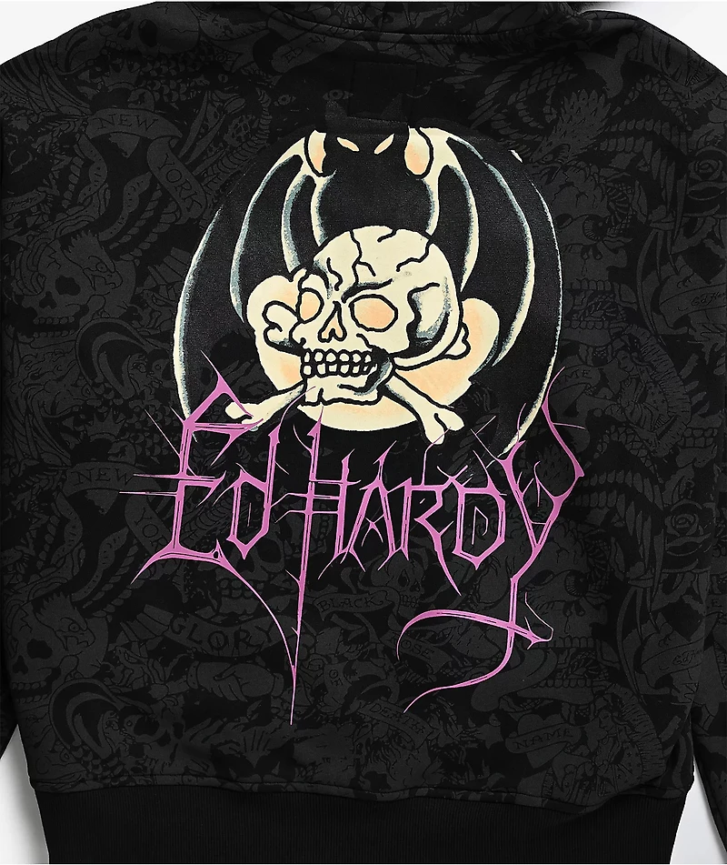 Ed Hardy Bat Skull Faux Fur Black Zip Hoodie