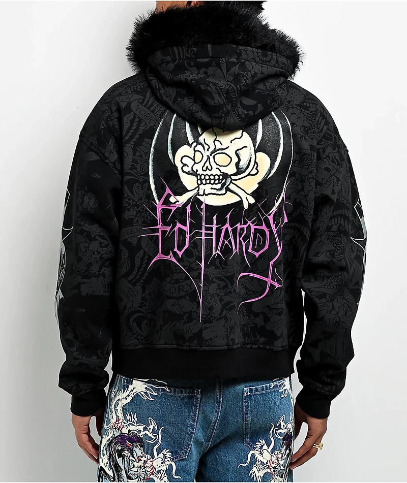 Ed Hardy Bat Skull Faux Fur Black Zip Hoodie