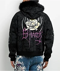 Ed Hardy Bat Skull Faux Fur Black Zip Hoodie