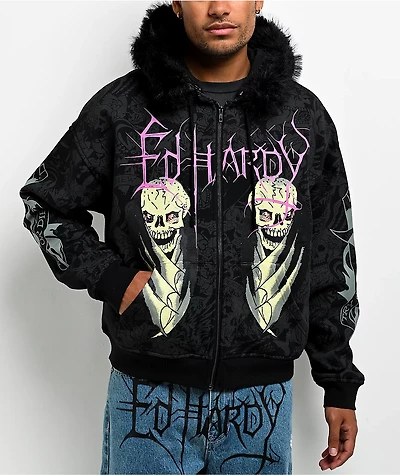 Ed Hardy Bat Skull Faux Fur Black Zip Hoodie