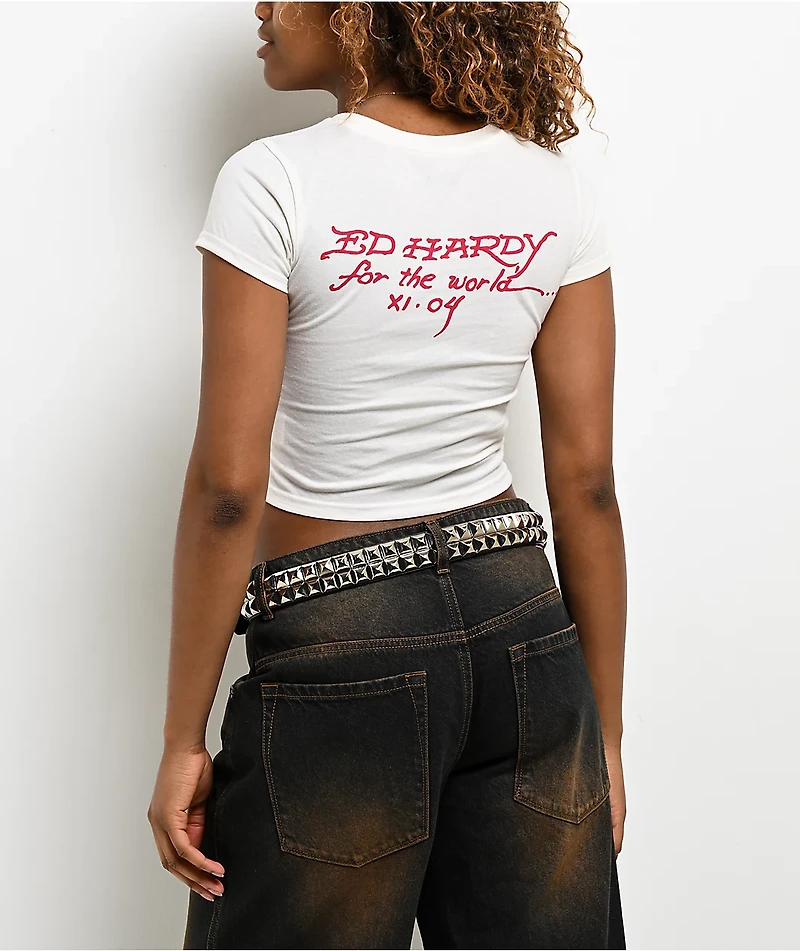 Ed Hardy Battle Horses Ivory Crop T-Shirt