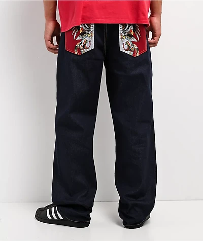 Ed Hardy Battle Skull Blue Baggy Raw Denim Jeans