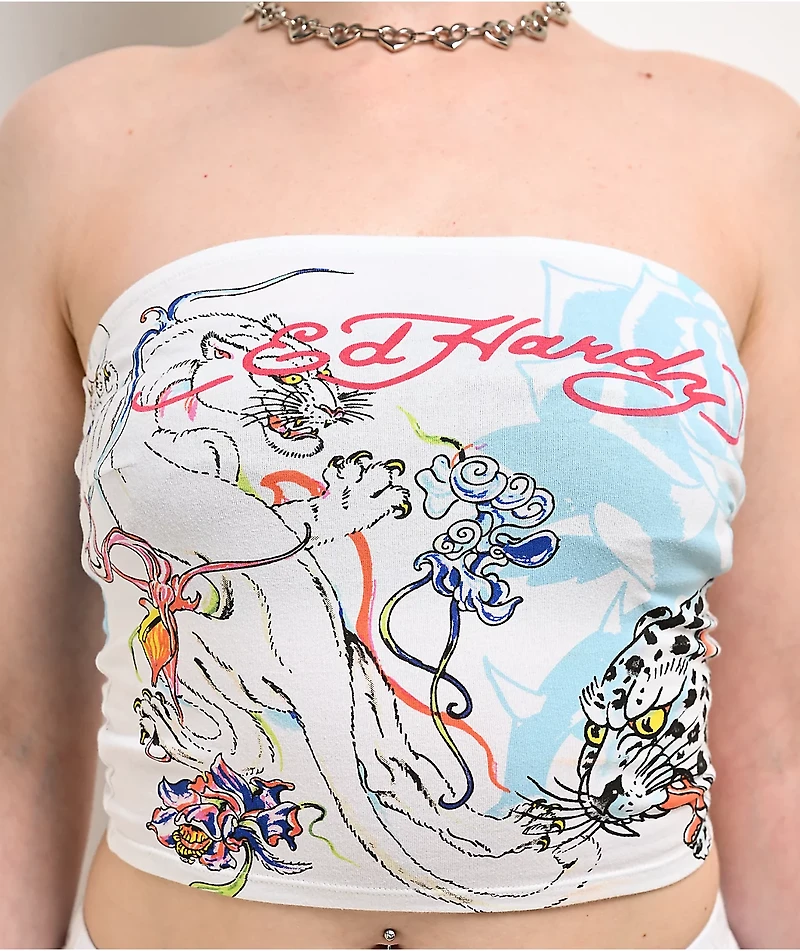 Ed Hardy Blue Leopard White Tube Top