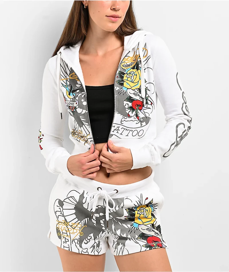 Ed Hardy Brave Eagle Y2K White Crop Zip Hoodie