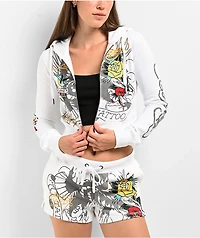 Ed Hardy Brave Eagle Y2K White Crop Zip Hoodie