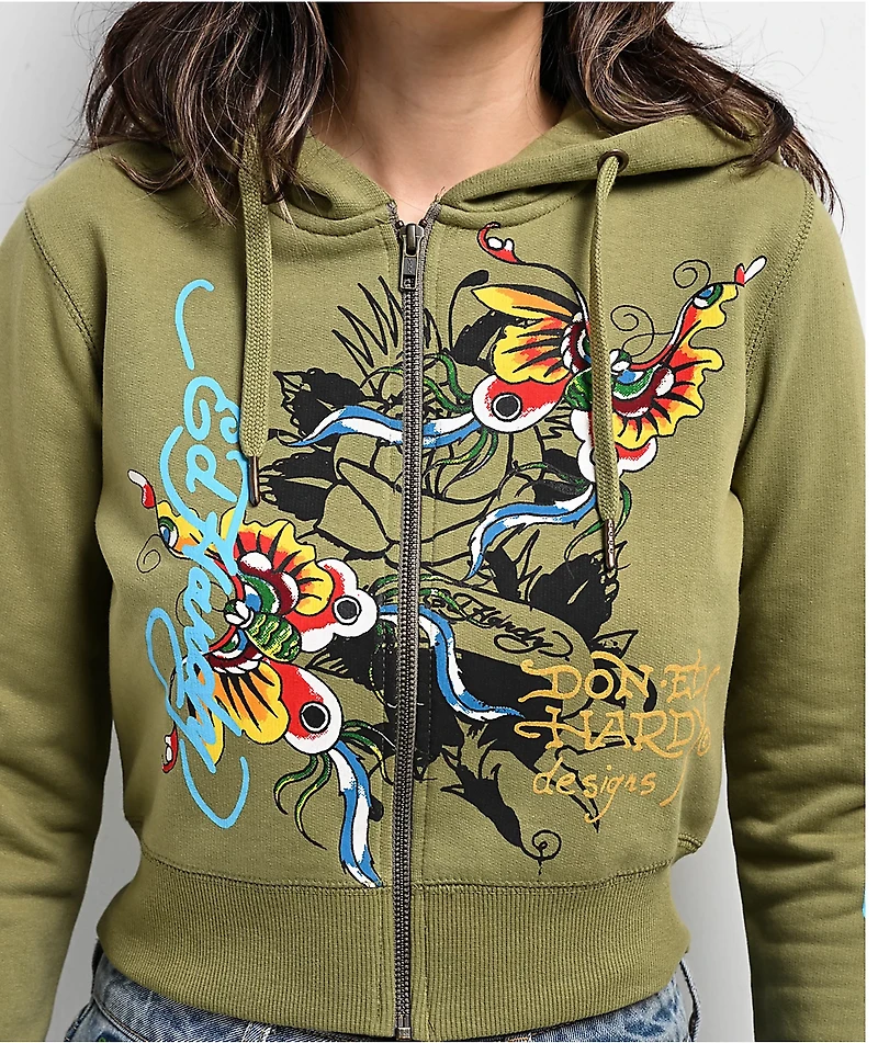 Ed Hardy Butterflies Y2K Olive Crop Zip Hoodie
