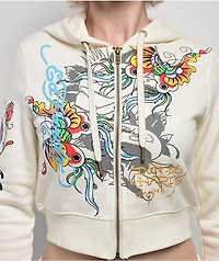 Ed Hardy Butterfly Ivory Crop Zip Hoodie