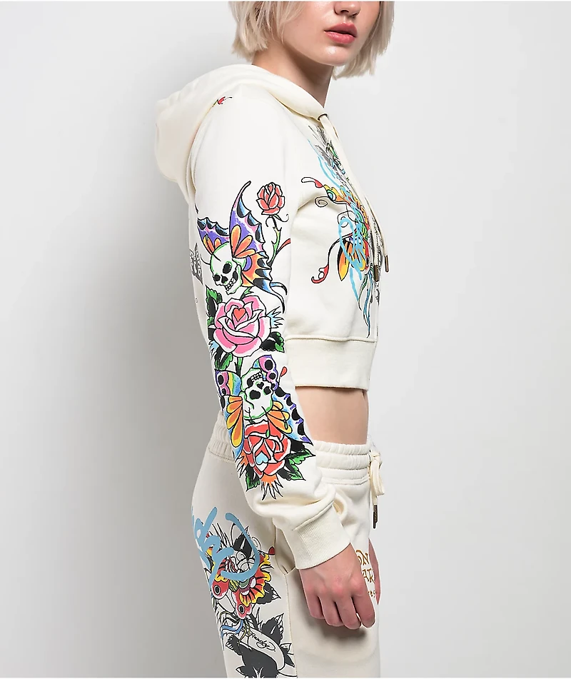 Ed Hardy Butterfly Ivory Crop Zip Hoodie