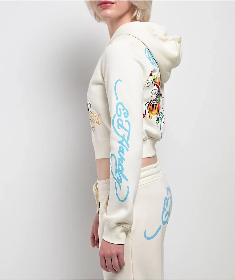 Ed Hardy Butterfly Ivory Crop Zip Hoodie