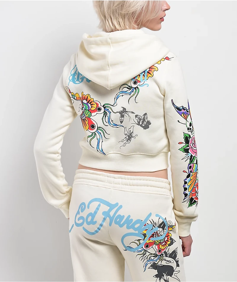 Ed Hardy Butterfly Ivory Crop Zip Hoodie