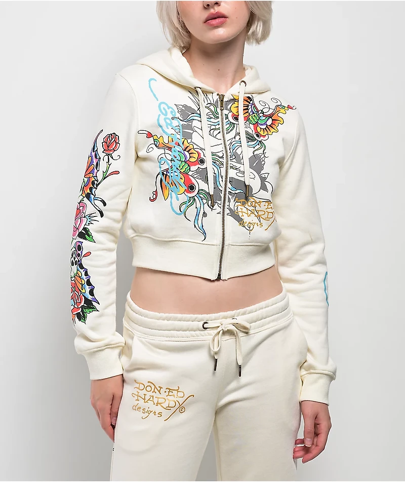 Ed Hardy Butterfly Ivory Crop Zip Hoodie