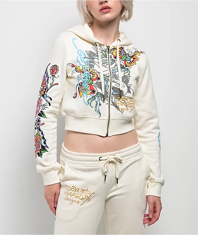 Ed Hardy Butterfly Ivory Crop Zip Hoodie