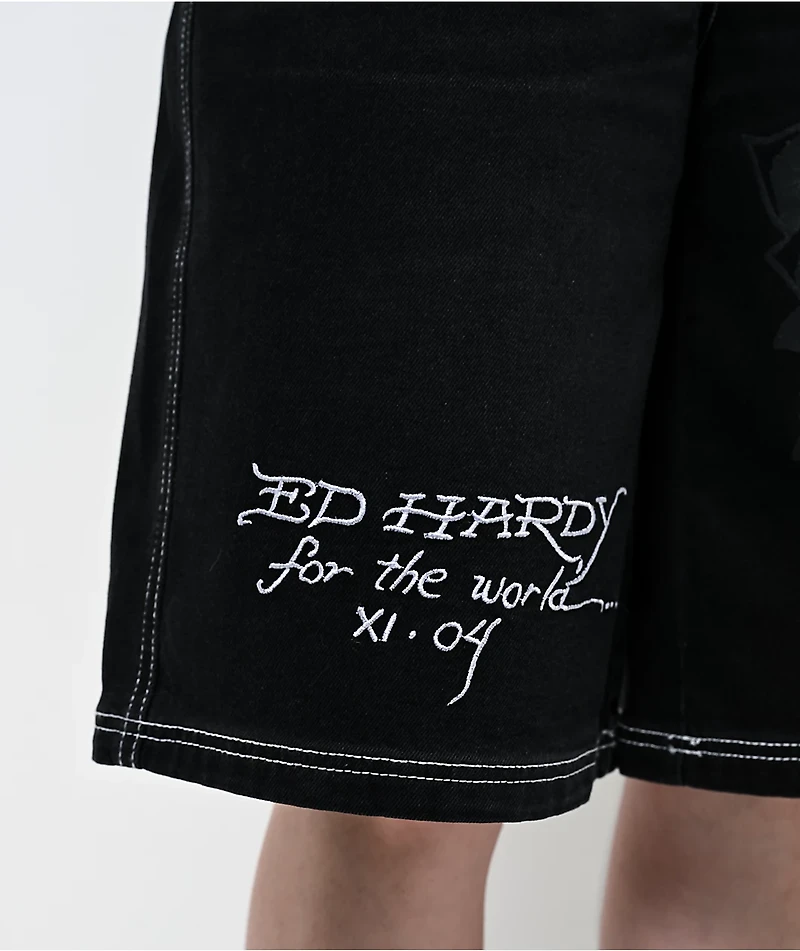Ed Hardy Butterfly Skull Black Wash Jean Shorts