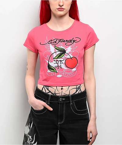 Ed Hardy Cherry Hot Pink Crop T-Shirt