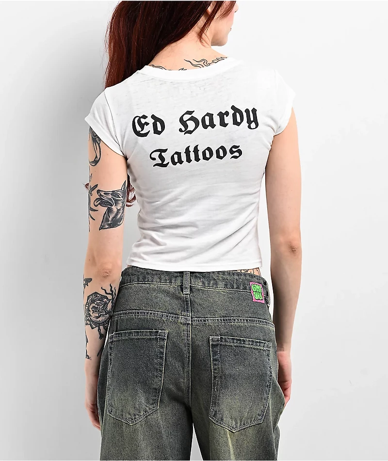 Ed Hardy Cobra Flame Burnout White Crop T-Shirt