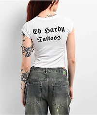 Ed Hardy Cobra Flame Burnout White Crop T-Shirt