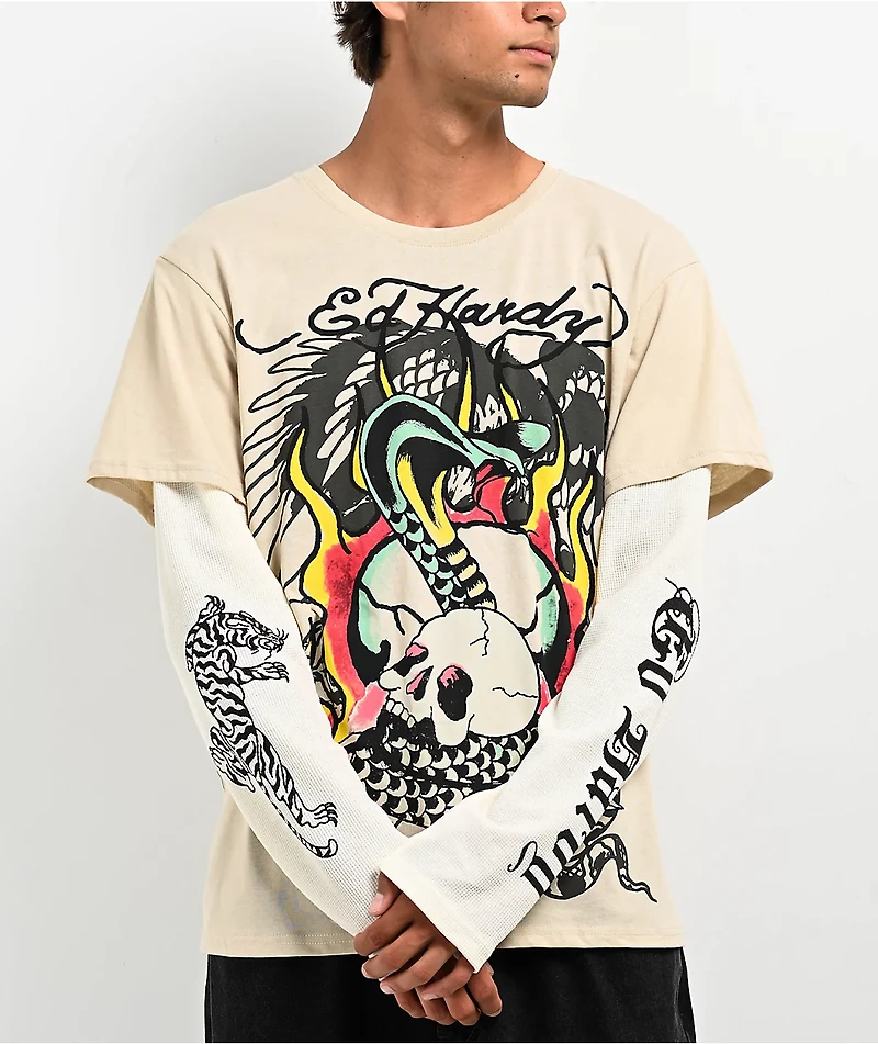 Ed Hardy Cobra Skull Beige & Cream 2fer Long Sleeve T-Shirt