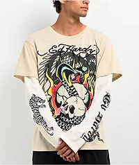 Ed Hardy Cobra Skull Beige & Cream 2fer Long Sleeve T-Shirt
