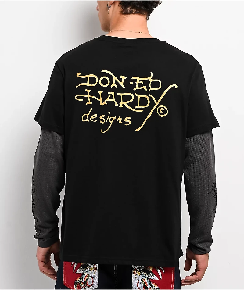 Ed Hardy Corp Dagger Black & Grey 2fer Long Sleeve T-Shirt