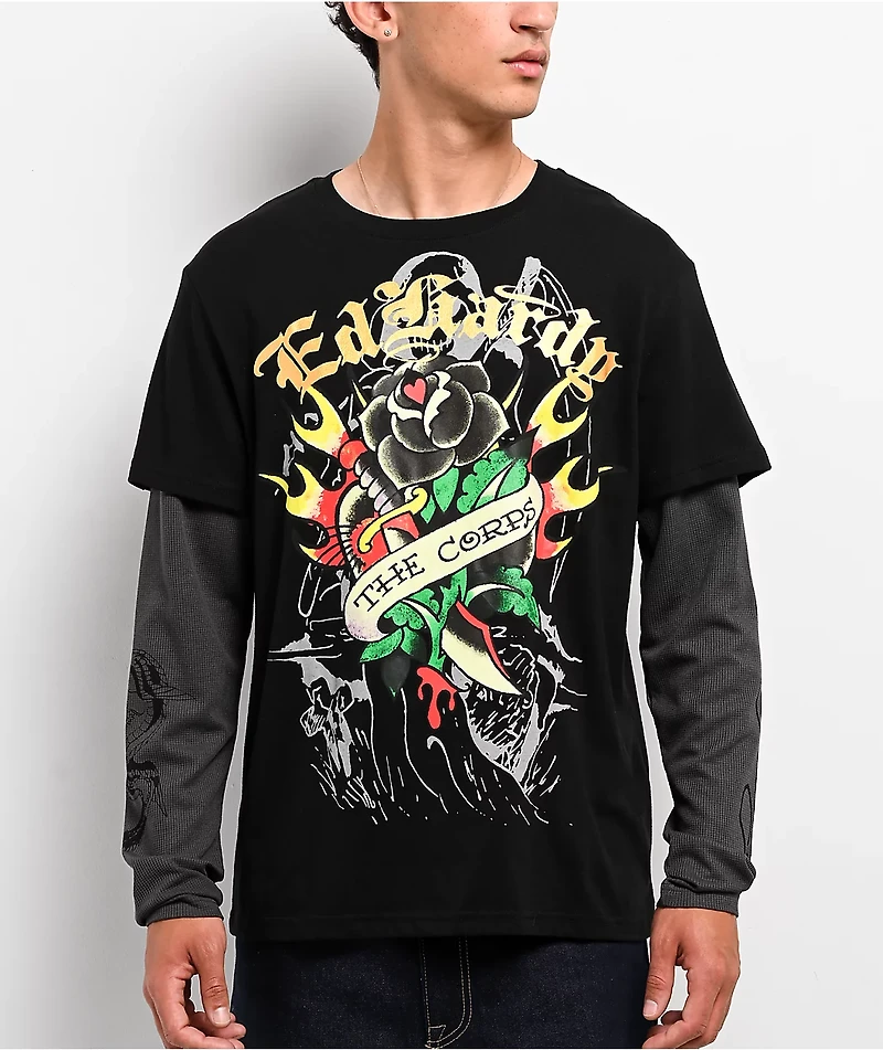 Ed Hardy Corp Dagger Black & Grey 2fer Long Sleeve T-Shirt