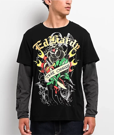 Ed Hardy Corp Dagger Black & Grey 2fer Long Sleeve T-Shirt
