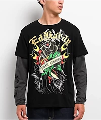Ed Hardy Corp Dagger Black & Grey 2fer Long Sleeve T-Shirt
