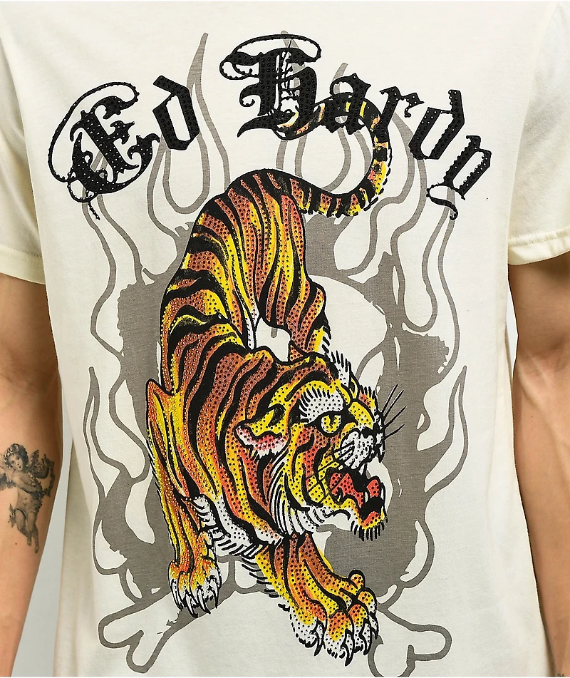Ed Hardy Crawling Tiger Rhinestone Ivory T-Shirt
