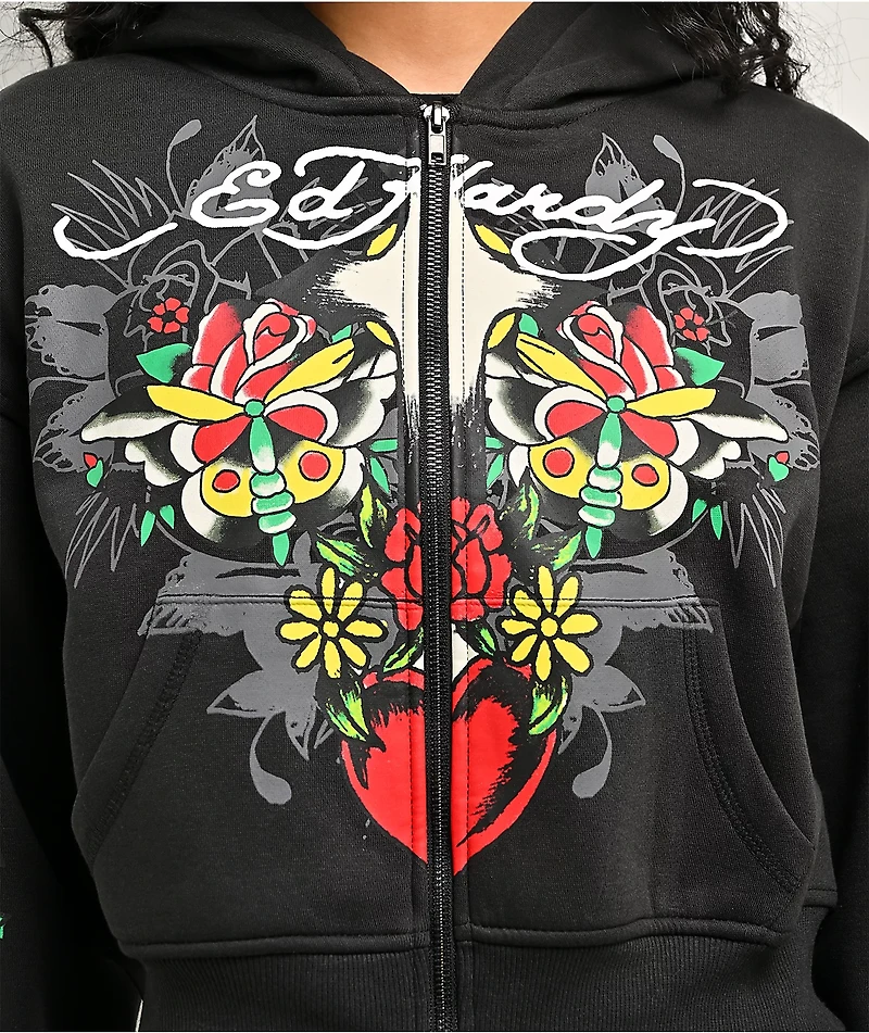 Ed Hardy Cross Heart Black Crop Zip Hoodie