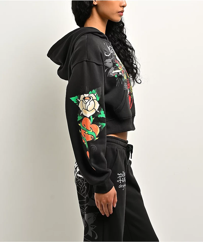 Ed Hardy Cross Heart Black Crop Zip Hoodie