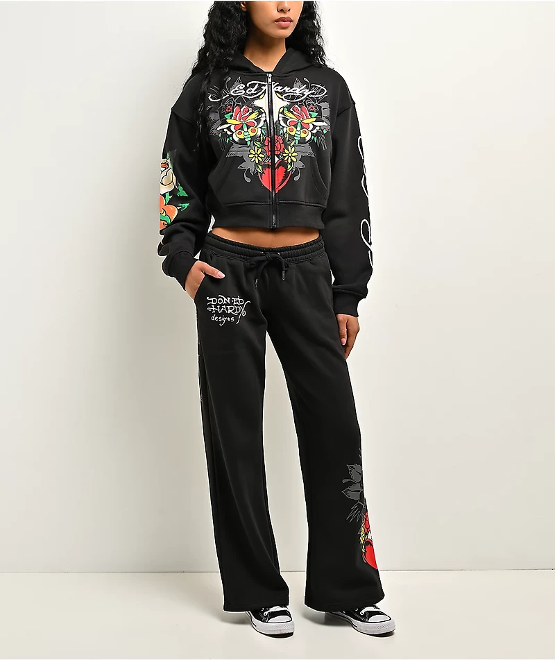 Ed Hardy Cross Heart Black Crop Zip Hoodie