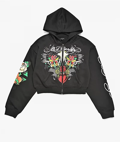 Ed Hardy Cross Heart Black Crop Zip Hoodie