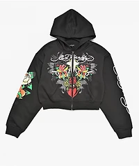 Ed Hardy Cross Heart Black Crop Zip Hoodie