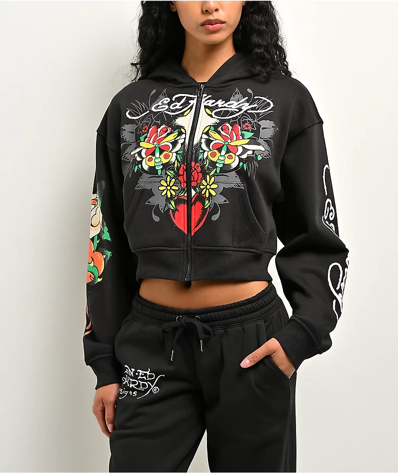 Ed Hardy Cross Heart Black Crop Zip Hoodie