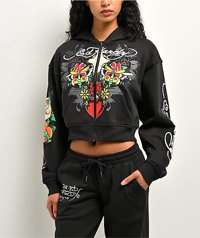 Ed Hardy Cross Heart Black Crop Zip Hoodie