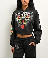 Ed Hardy Cross Heart Black Crop Zip Hoodie