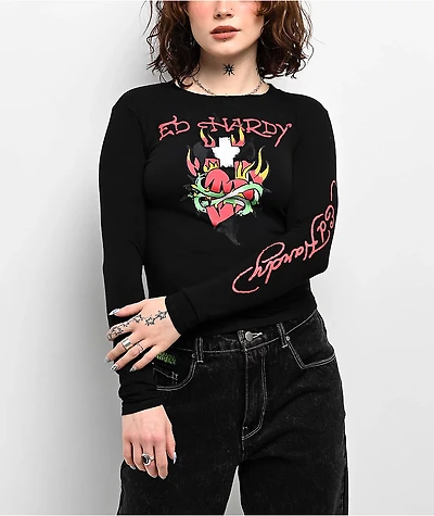 Ed Hardy Cross Heart Black Long Sleeve Crop T-Shirt