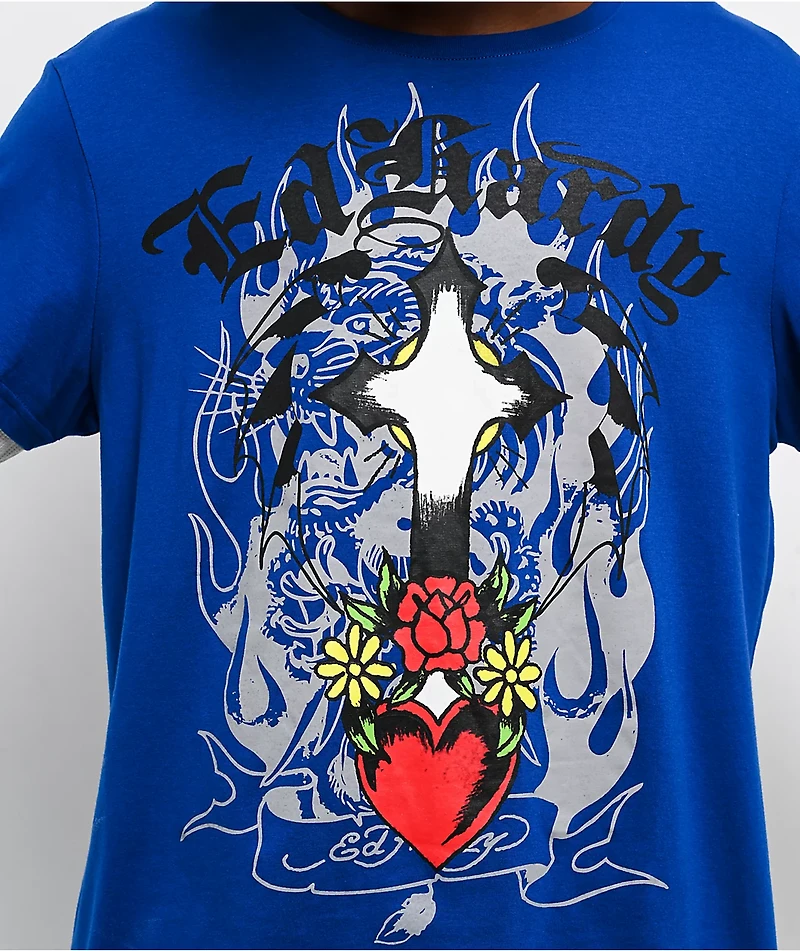 Ed Hardy Cross Heart French Blue & White 2fer Long Sleeve T-Shirt