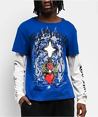 Ed Hardy Cross Heart French Blue & White 2fer Long Sleeve T-Shirt