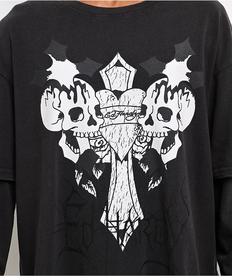 Ed Hardy Cross Skull Black Wash 2fer Long Sleeve T-Shirt