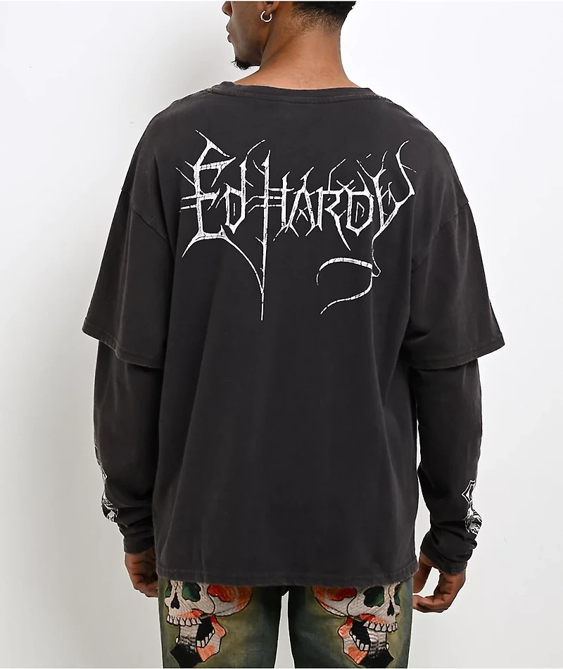 Ed Hardy Cross Skull Black Wash 2fer Long Sleeve T-Shirt
