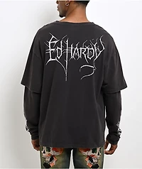 Ed Hardy Cross Skull Black Wash 2fer Long Sleeve T-Shirt