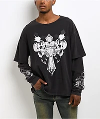 Ed Hardy Cross Skull Black Wash 2fer Long Sleeve T-Shirt