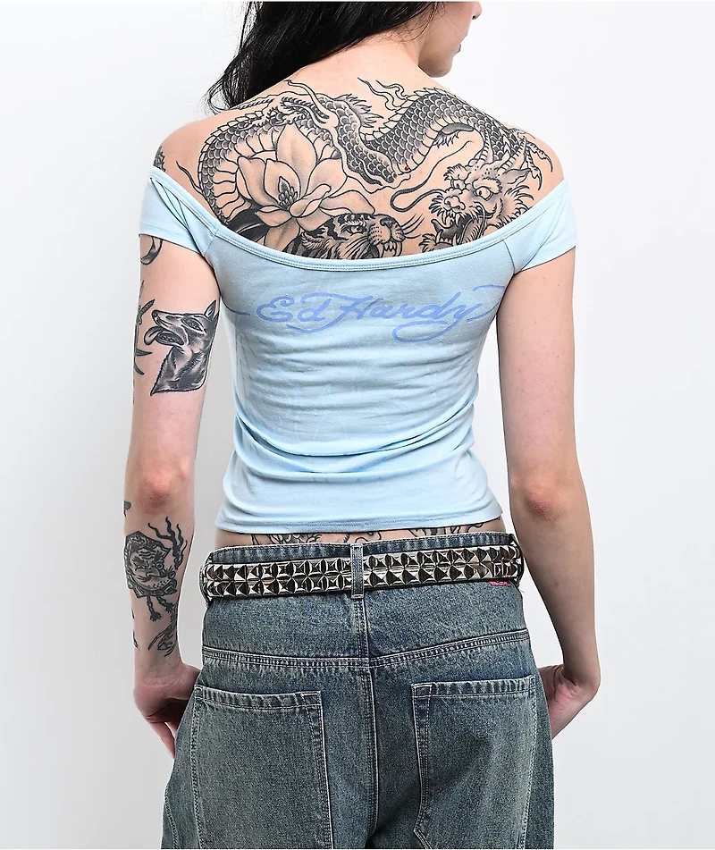Ed Hardy Cross Wings Off Shoulder Blue Crop T-Shirt