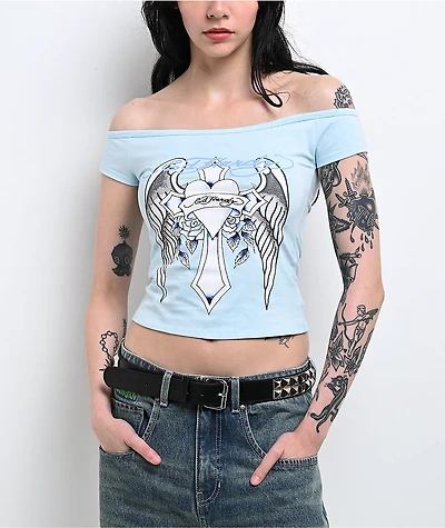 Ed Hardy Cross Wings Off Shoulder Blue Crop T-Shirt