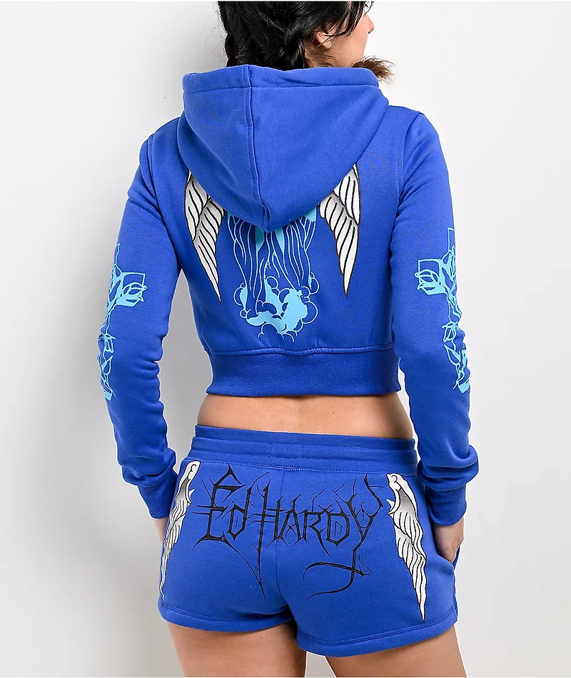 Ed Hardy Cross Wings Royal Blue Crop Zip Hoodie