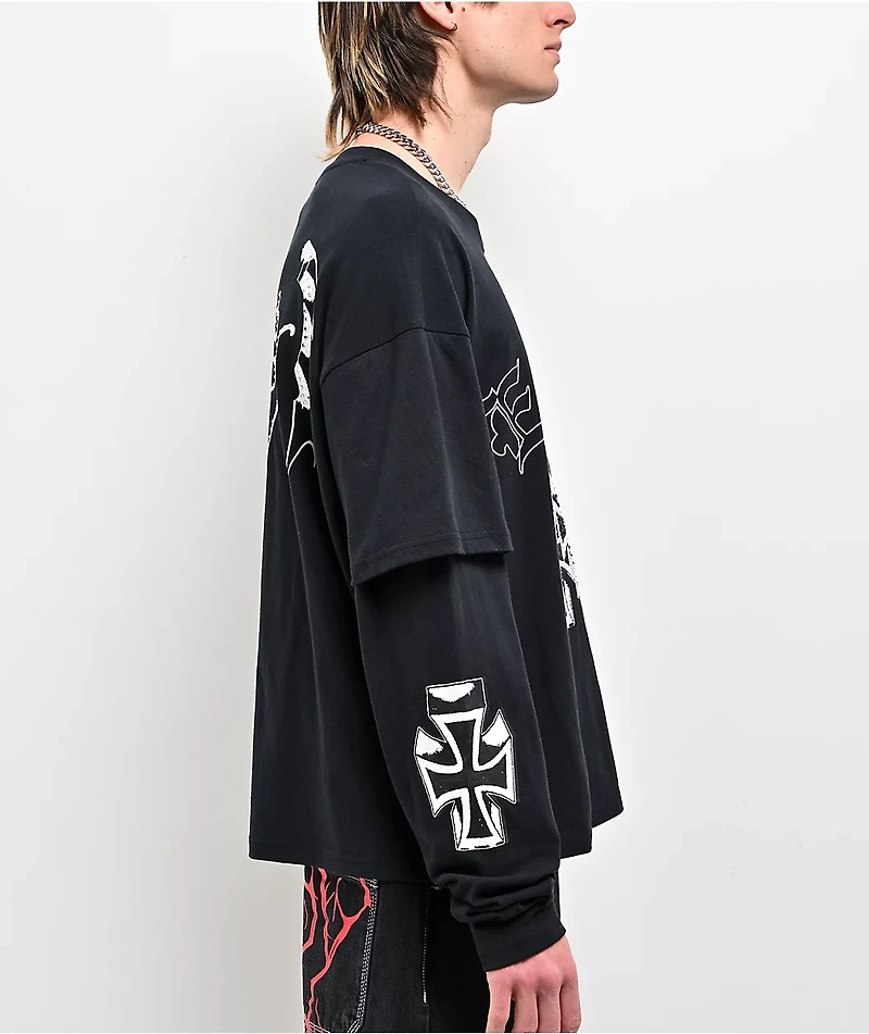 Ed Hardy Crosses Rhinestone Black 2fer Long Sleeve T-Shirt