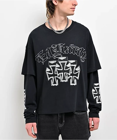 Ed Hardy Crosses Rhinestone Black 2fer Long Sleeve T-Shirt